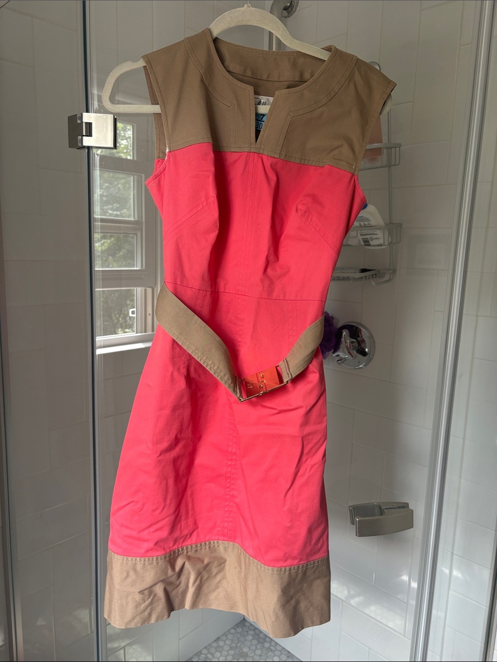 Milly Pink and Khaki Sleeveless Belted Sheath Dress